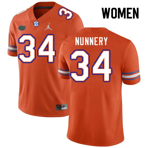 Women #34 Mannie Nunnery Florida Gators College Football Jerseys Stitched-Orange